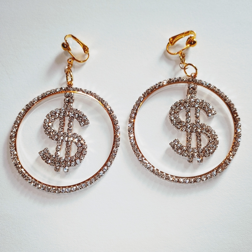 2" Gold Rhinestone $ Sign Hoop Clipon  Earrings